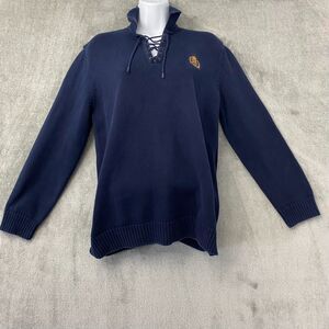 Lauren Ralph Lauren Womens Sweater Extra Large Navy Crest Pullover Lace-Up VNeck